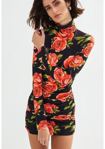 Balıkçı Yaka Gül Baskılı Fırsat Ürün Mini Elbise fiyatları