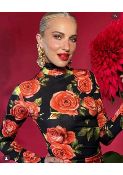 Balıkçı Yaka Gül Baskılı Fırsat Ürün Mini Elbise indirimleri