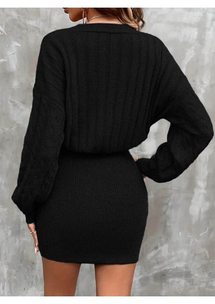 Uzun Kollu V Yakalı Önden Düğmeli Kısa Triko Elbise fiyatları