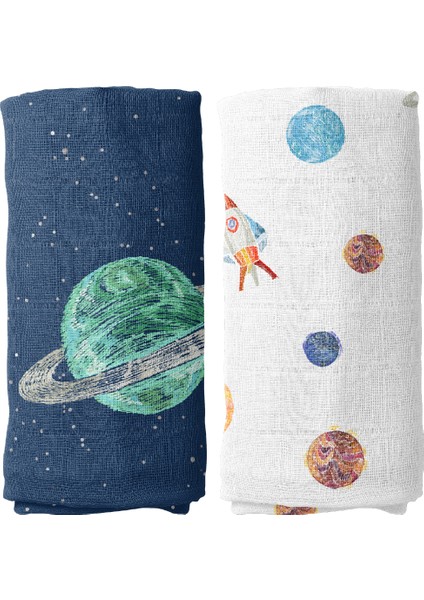 Space Planet 100% Pamuk 2'li Müslin Örtü Seti - 90X90 cm