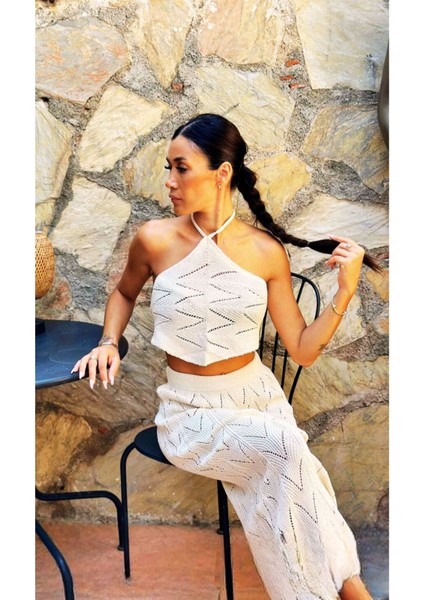 Kadın Örgü Desenli Crop Top ve Etek Takımı