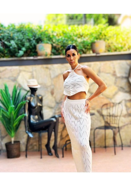Kadın Örgü Desenli Crop Top ve Etek Takımı