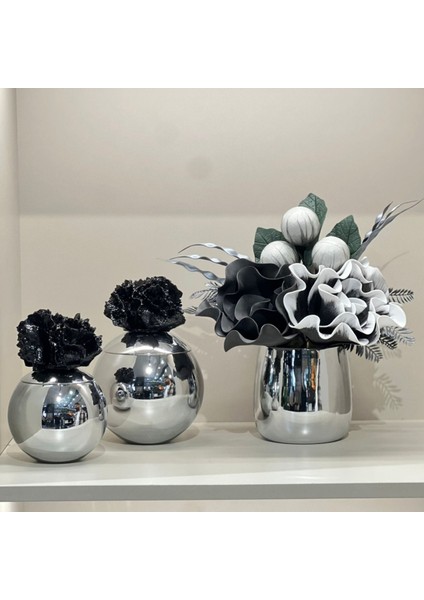 Yapay 3 Çiçekli Gümüş Vazo 3 Parça Set No:8