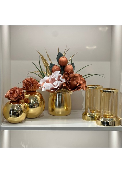 Yapay 3 Çiçekli Gold Vazo 5 Parça Set No:5