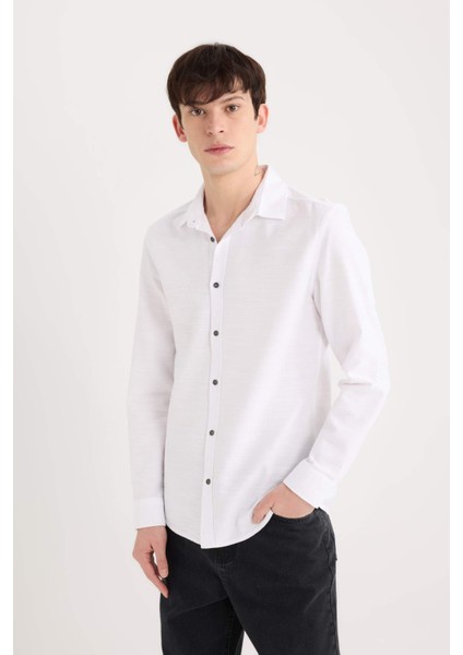 Slim Fit Dar Kesim Pamuklu Basic Düz Uzun Kollu Gömlek A4644AX25SP