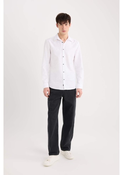 Slim Fit Dar Kesim Pamuklu Basic Düz Uzun Kollu Gömlek A4644AX25SP