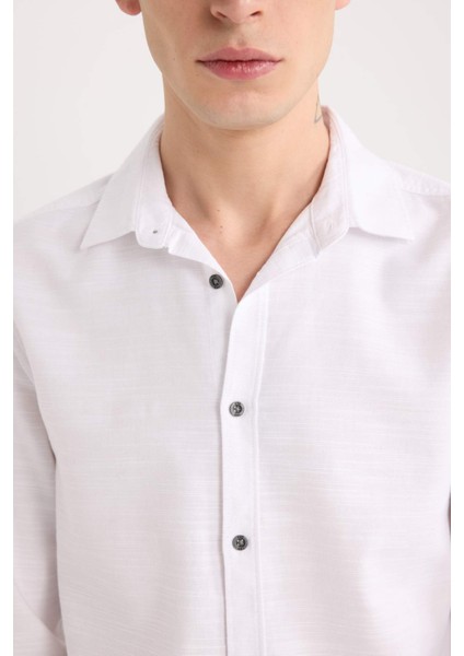 Slim Fit Dar Kesim Pamuklu Basic Düz Uzun Kollu Gömlek A4644AX25SP