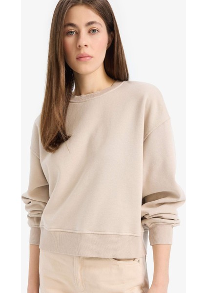 Boxy Fit Bisiklet Yaka Basic Düz Kalın Sweatshirt E4732AX25SP