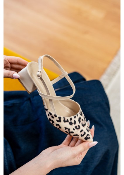 Elsa Bej Leopar Bileğe Dolamalı (4 cm Topuk Boyu ) Sivri Burun Topuklu Babet Ayakkabı fiyatları