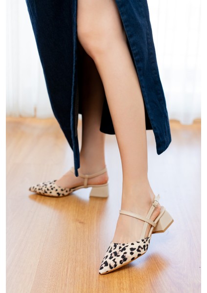 Elsa Bej Leopar Bileğe Dolamalı (4 cm Topuk Boyu ) Sivri Burun Topuklu Babet Ayakkabı modelleri