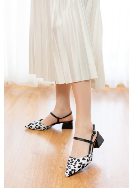 Elsa Siyah Leopar Bileğe Dolamalı (4 cm Topuk Boyu ) Sivri Burun Topuklu Babet Ayakkabı modelleri