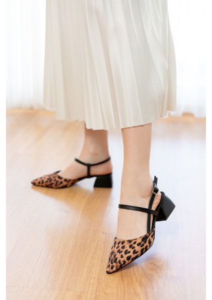 Elsa Leopar Bileğe Dolamalı (4 cm Topuk Boyu ) Sivri Burun Topuklu Babet Ayakkabı modelleri