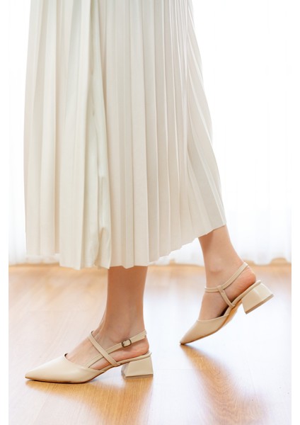 Elsa Bej Bileğe Dolamalı (4 cm Topuk Boyu ) Sivri Burun Topuklu Babet Ayakkabı