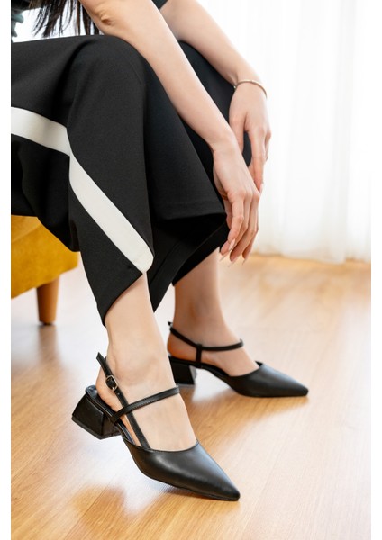 Elsa Siyah Bilek Dolamalı (4 cm Topuk Boyu ) Sivri Burun Topuklu Babet Ayakkabı