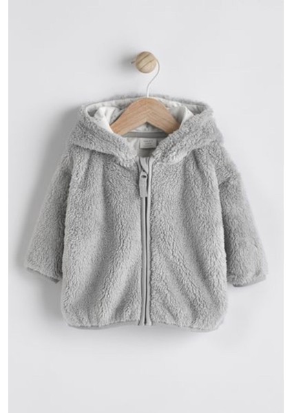 Gri Tam Polar Astarlı Kapüşonlu Peluş Ceket