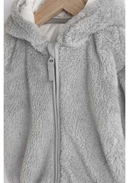 Gri Tam Polar Astarlı Kapüşonlu Peluş Ceket modelleri