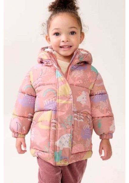 Pembe Dinozor Desenli Kapüşonlu Suya Dayanıklı Tam Polar Astarlı Mont fiyatları