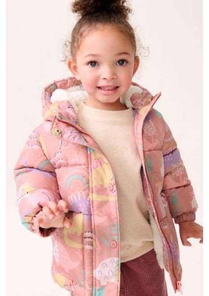 Pembe Dinozor Desenli Kapüşonlu Suya Dayanıklı Tam Polar Astarlı Mont fırsatları