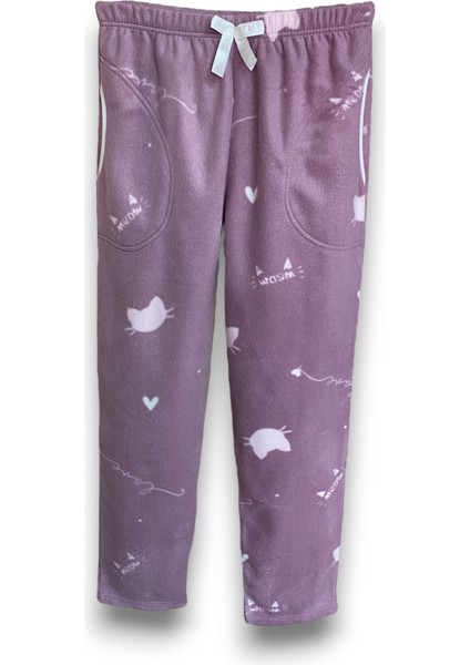 Kadın Mor Kedili Polar Cepli Kışlık Kalın Kaliteli Pijama Altı