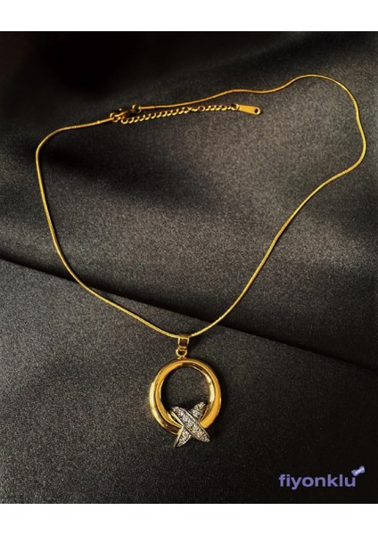 Gömme Taşlı Halka Düğüm Kolye Gold