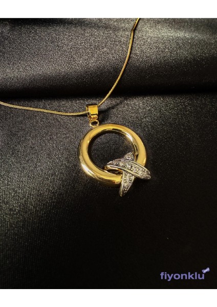 Gömme Taşlı Halka Düğüm Kolye Gold