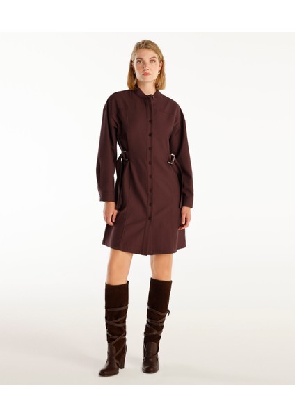 Kemer Detaylı Uzun Kollu Hakim Yaka Kısa Gömlek Elbise