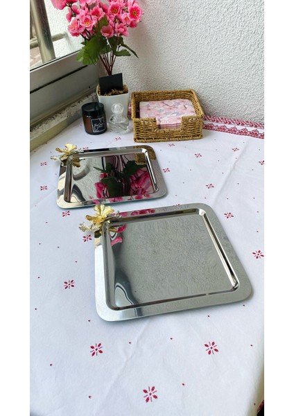2'Li Lüx Kare Kelebekli Titanyum Kaplama Servis ,Çay ,Kahve ,İkramlık Sunum Tepsisi