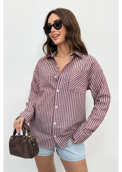 Kadın Gömlek Oversize Boyfriend Cepli Gömlek