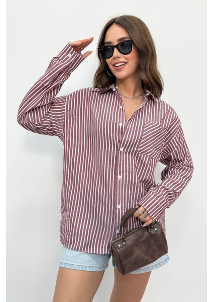 Kadın Gömlek Oversize Boyfriend Cepli Gömlek