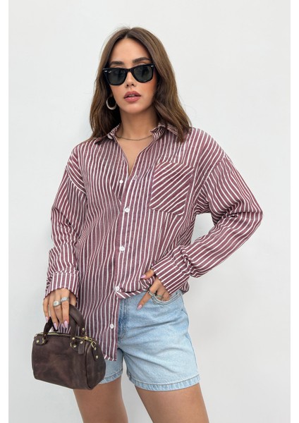 Kadın Gömlek Oversize Boyfriend Cepli Gömlek