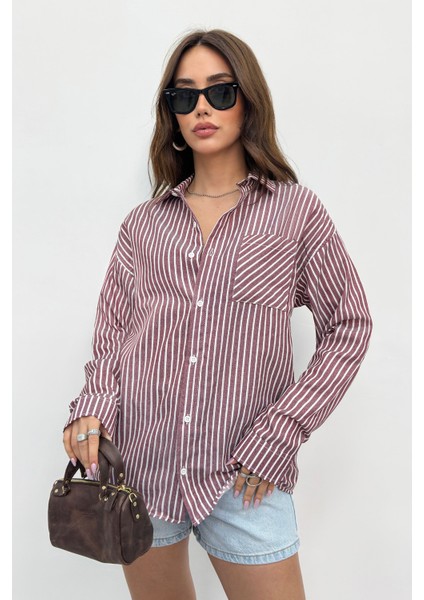 Kadın Gömlek Oversize Boyfriend Cepli Gömlek