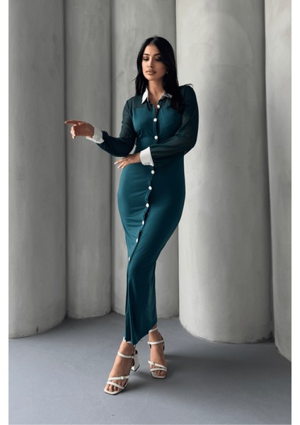 Düğme Detaylı Tül Elbise - Zümrüt Yeşil