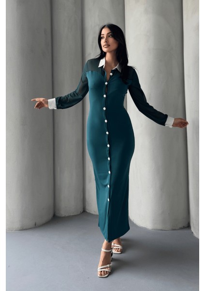 Düğme Detaylı Tül Elbise - Zümrüt Yeşil fiyatları