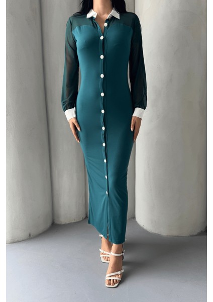 Düğme Detaylı Tül Elbise - Zümrüt Yeşil modelleri