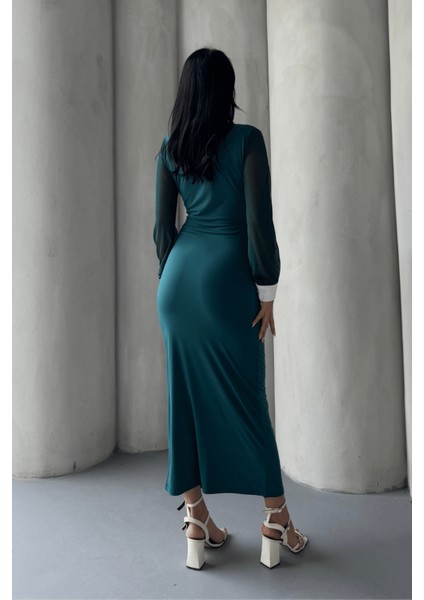 Düğme Detaylı Tül Elbise - Zümrüt Yeşil fırsatları