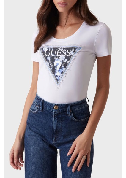 S S Cn Triangle Pamuklu Slim Fit Çiçek Desenli Üçgen Logolu T Shirt W5RI00J1314 Bayan T Shirt W5RI00 J1314 G011