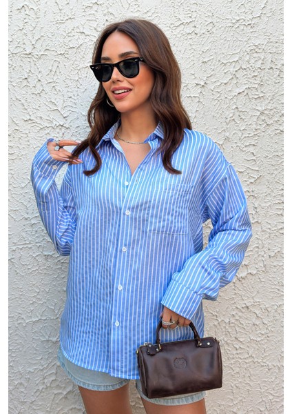 Kadın Gömlek Oversize Boyfriend Cepli Gömlek