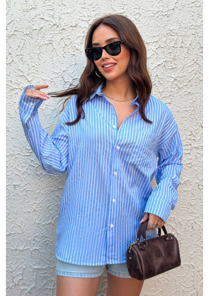 Kadın Gömlek Oversize Boyfriend Cepli Gömlek