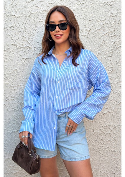Kadın Gömlek Oversize Boyfriend Cepli Gömlek