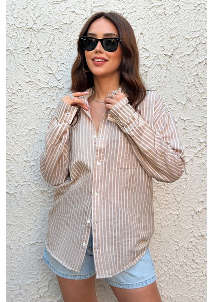 Kadın Gömlek Oversize Boyfriend Cepli Gömlek