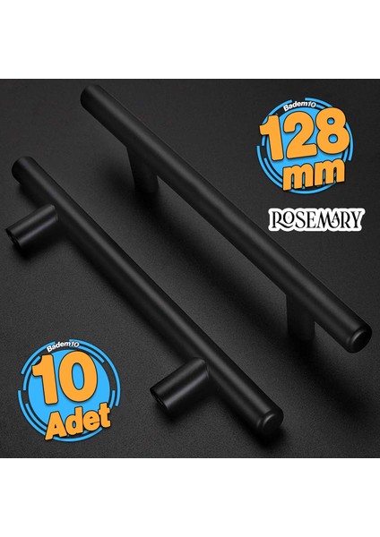 10 Adet Rosemary Mobilya Mutfak Çekmece Dolap Kapak Kulpu 128 mm Mat Siyah Metal Kulp (10 Adet)