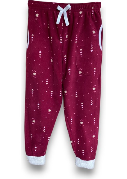 Kadın Kalpli Polar Cepli Kışlık Pelüş Manşetli Kalın Kaliteli Pijama Altı