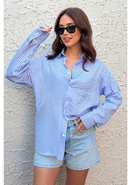 Kadın Gömlek Oversize Boyfriend Cepli Gömlek