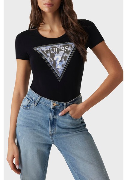 Ss Cn Triangle Pamuklu Slim Fit Çiçek Desenli Üçgen Logolu T Shirt W5RI00J1314 Bayan T Shirt W5RI00 J1314 Jblk