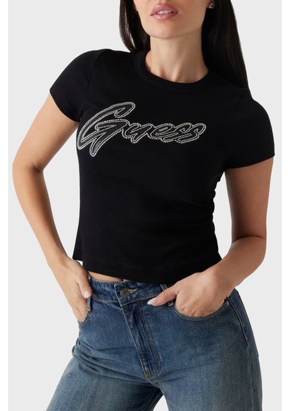 Ss Cn Rib Logolu Streç Pamuklu Slim Fit Bisiklet Yaka T Shirt W5RI68KA0H1 Bayan T Shirt W5RI68 KA0H1 Jblk