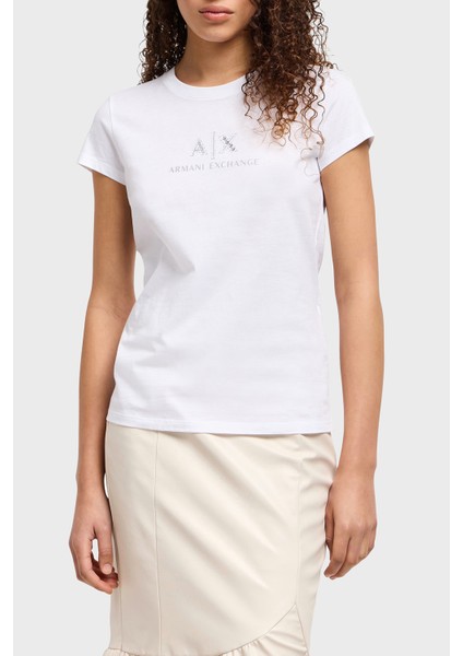 Armani Exchage Taşlı % 100 Pamuk Slim Fit Bisiklet Yaka T Shirt Bayan T Shirt XW000386 AF10354 U0002