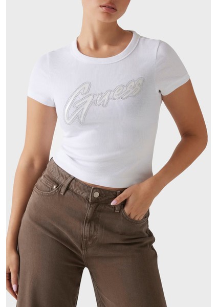 Ss Cn Rib Logolu Streç Pamuklu Slim Fit Bisiklet Yaka T Shirt W5RI68KA0H1 Bayan T Shirt W5RI68 KA0H1 G011