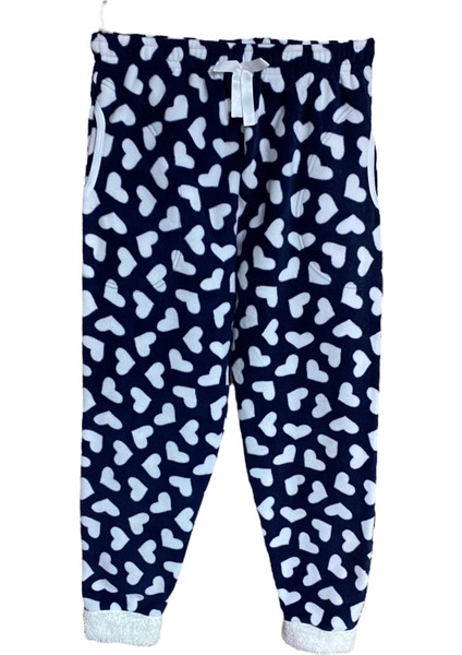 Kadın Lacivert Kalpli Polar Cepli Kışlık Pelüş Manşetli Kalın Kaliteli Pijama Altı