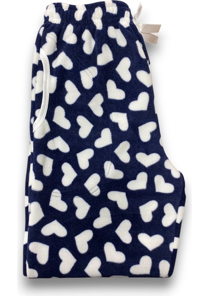 Kadın Lacivert Kalpli Polar Cepli Kışlık Pelüş Manşetli Kalın Kaliteli Pijama Altı modelleri