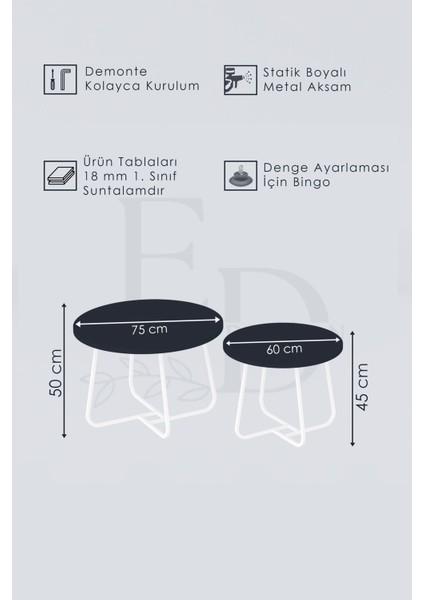 Üsküp Orta Sehpa Takımı Siyah Metal - Atlantik Çam Tabla